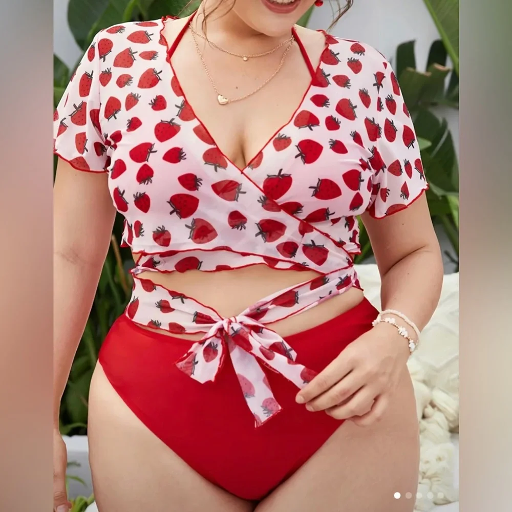 Three piece strawberry swimsuit with coverup new - Picture 1 of 3